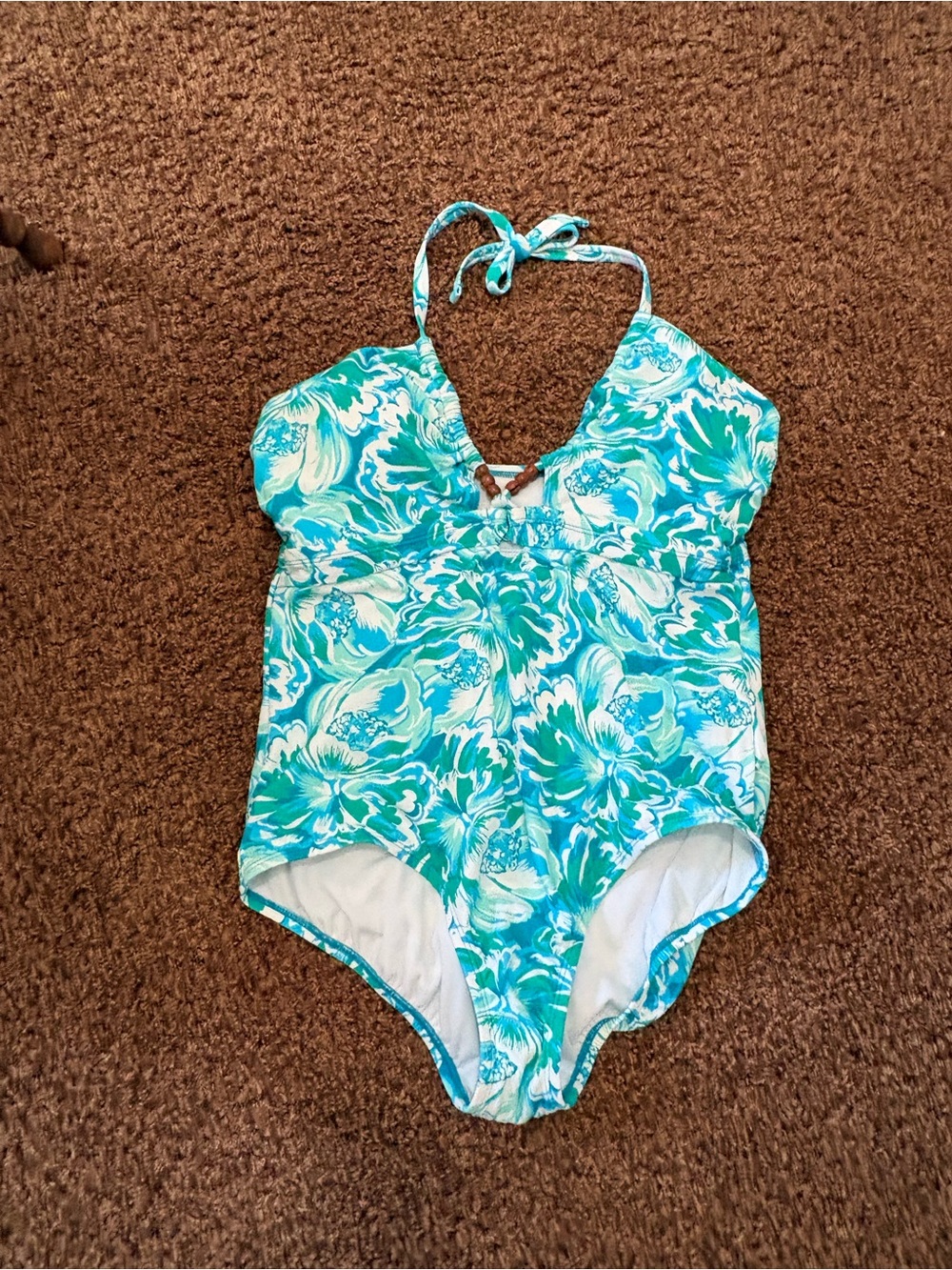 Time and Tru Turquoise Floral Halter One-Piece Swimsuit